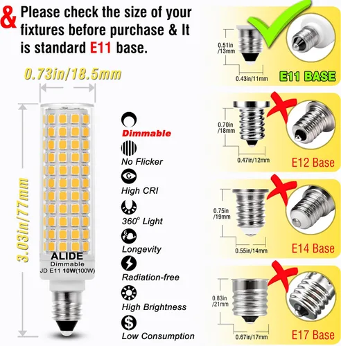 Vista 6 de Bombillas LED JDE11 120V 100W Bombillas Halógenas de Candelabro Equivalentes Regulables, T3 T4 Mini Base JD E11, 4000K Blanco Natural 10W 1000LM E11