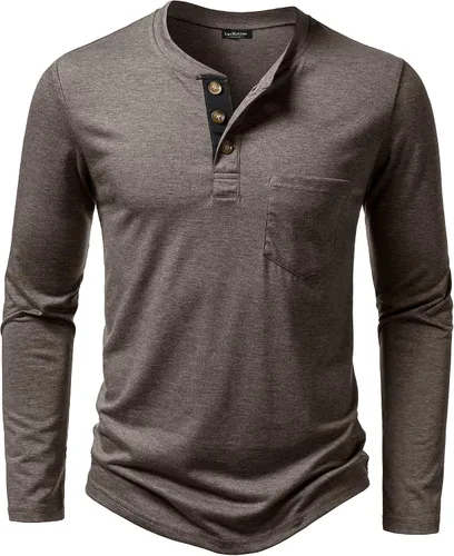 Vista 23 de LucMatton - Camiseta Henley para hombre, ligera, casual, elástica, ajuste entallado, manga larga, con bolsillo Verde militar
