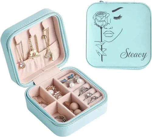 Vista 5 de Joyero personalizado con tu nombre y mes de la flor de nacimiento, organizador de joyas de cuero personalizado, estuche de viaje, regalos Negro