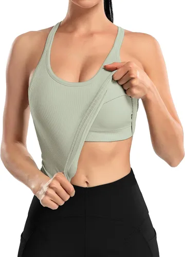 Vista 155 de ATTRACO Camiseta corta acanalada de entrenamiento para mujer con brasier integrado para yoga, espalda cruzada, ajuste ajustado