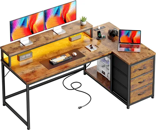 Vista 15 de EnHomee Escritorio para juegos en forma de L con luces LED y toma de corriente, escritorio de computadora de 40 pulgadas con cajones, escritorio