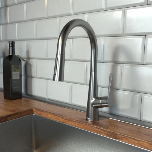 Vista 2 de hansgrohe Talis S 72813341 - Grifo de cocina de arco alto, grifo para fregadero de cocina, cabezal rociador de acoplamiento magnético, cromo negro