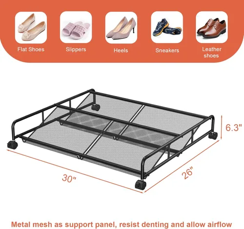 Vista 3 de Organizador de almacenamiento de zapatos debajo de la cama, contenedores de almacenamiento de malla metálica debajo de la cama con ruedas