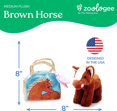 Vista 3 de The Petting Zoo Juego de peluche y bolso de caballo marrón, regalos para niños, juguete de animales de vida silvestre, juguete de peluche de caballo