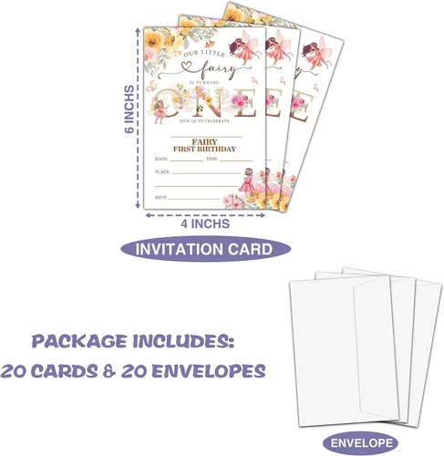 Vista 2 de Invitación de fiesta de primer cumpleaños de hada, invitaciones de relleno con temática de hadas de jardín, 20 invitaciones florales con sobres