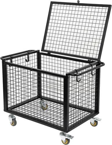 Vista 2 de Carrito de baloncesto de metal con ruedas de almacenamiento de equipo deportivo, jaula con cerradura atlética negra mate con mango elevado