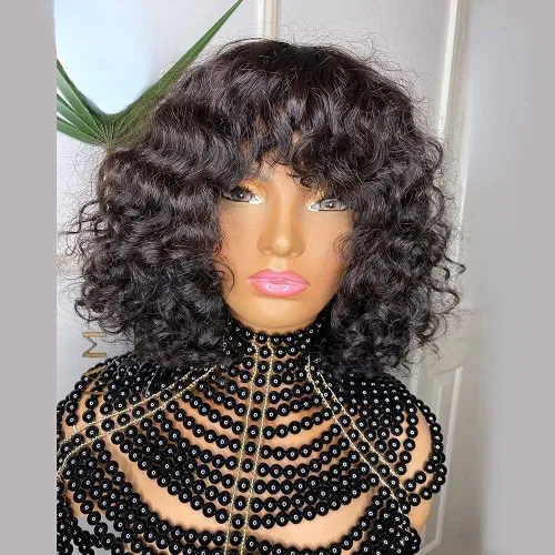 Vista 2 de Peluca sin pegamento con flequillo, peluca de cabello humano rizado profundo para mujeres, sin encaje frontal, peluca de cuero cabelludo completo