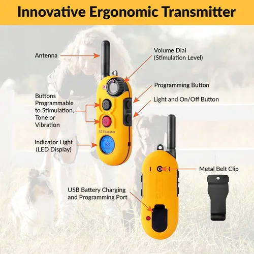 Vista 4 de E-Collar Educator EZ-900 - Collar de entrenamiento para perros con control remoto, color amarillo Alcance de 1/2 milla, 256 niveles, impermeable