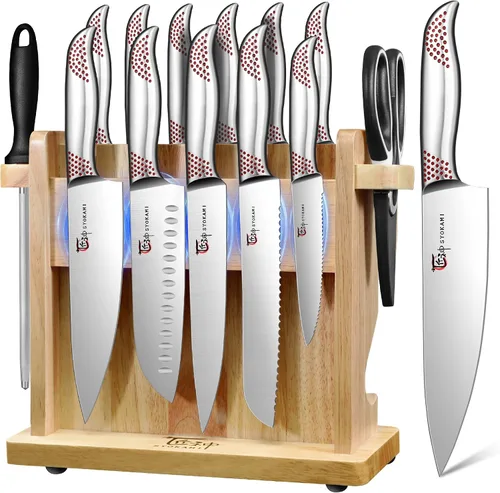 Vista 10 de SYOKAMI Juego de cuchillos japoneses para cocina, juego de cuchillos magnéticos con bloque y afilador, juego de cuchillos de acero inoxidable como