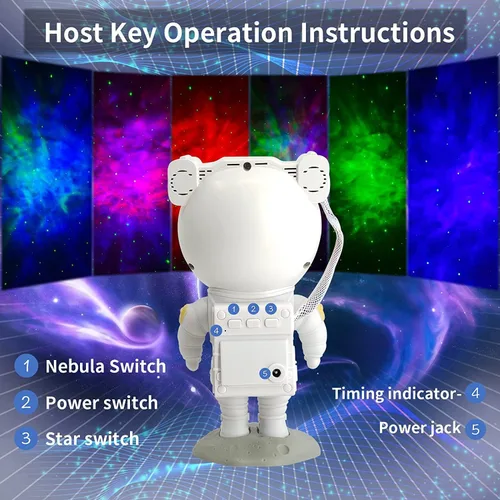 Vista 5 de Proyector de Galaxia de Astronauta para Dormitorio, Proyector de Estrellas Ajustable 360° con Control Remoto y Temporizador, Lámpara de Luz