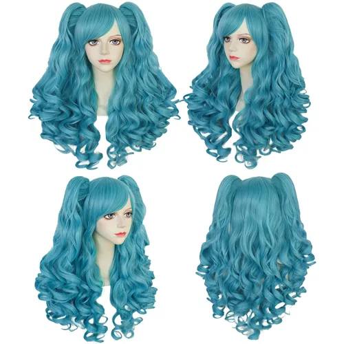 Vista 4 de Anogol Gorro de pelo + peluca larga de cola de caballo rizada azul claro con 2 colas de caballo, peluca azul con flequillo para mujer, peluca