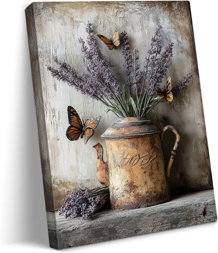 Vista 38 de gaosoul Arte de Pared de Lienzo de Granja Pintura de Campo Francés con Ramo de Lavanda Mariposas Fondo de Madera Envejecida Póster Floral Enmarcado