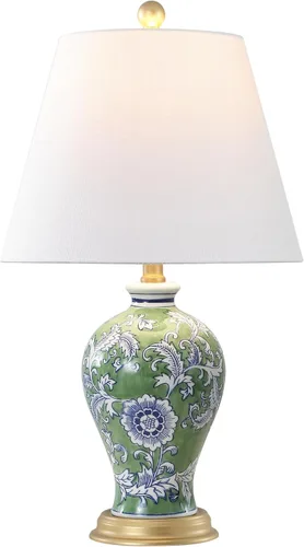 Vista 8 de JONATHAN Y JYL3009E Grace 24" lámpara de mesa LED de cerámica/hierro estilo floral de campo francés, azul marino/blanco para dormitorio, sala