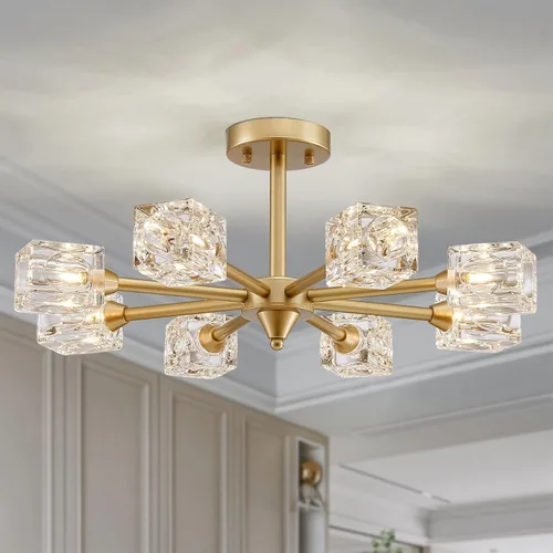 Vista 14 de XINGQI Lámpara de techo moderna de 6 luces, lámpara de montaje semiempotrado Sputnik, lámparas de araña doradas en negro para recámara, comedor