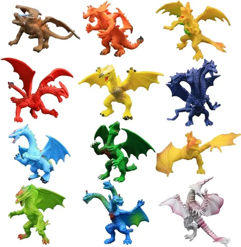 Vista 4 de Juego de juguetes de dragón con detalles realistas de 4 pulgadas con caja de regalo, 12 piezas de mini figuras de dragón en y estilos, juguete