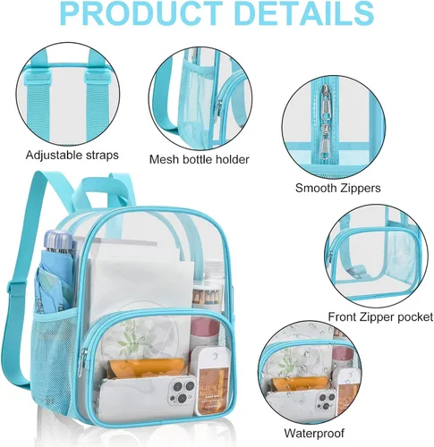 Vista 4 de USPECLARE Minimochila Transparente Aprobada para Estadio para Niños Pequeños y Niñas, Concierto, Festival, Eventos Deportivos, Aguamarina, Mediana