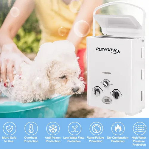 Vista 2 de Calentador de agua portátil sin tanque de propano – 6L 1.58GPM RV calentador de agua de gas bajo demanda con pantalla digital para exteriores