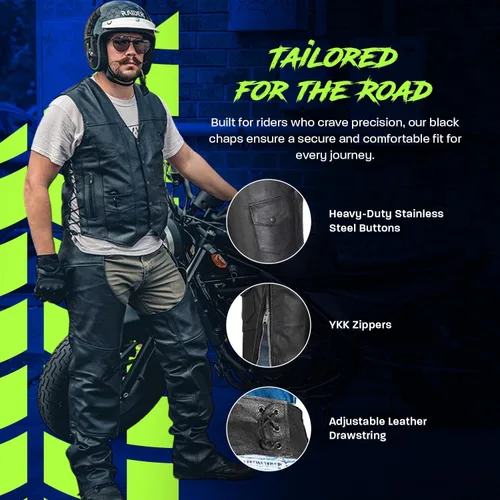 Vista 3 de HWK Chaparreras de cuero para motocicleta para hombres y mujeres, chaparreras negras para protección contra raspaduras en la carretera y comodidad