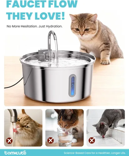 Vista 6 de Fuente de agua para gatos de acero inoxidable, fuente de agua de gran capacidad para beber, fuente de agua de metal ultra silenciosa para gatos