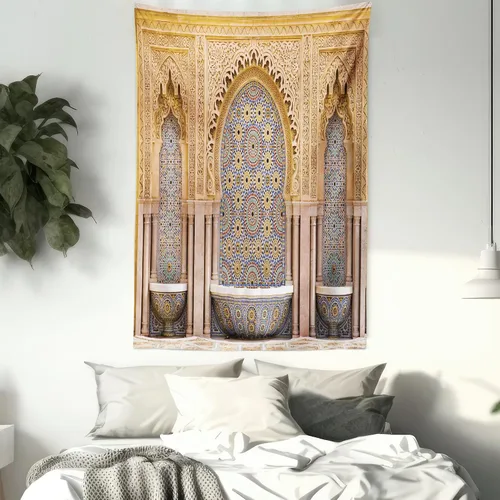 Vista 7 de Ambesonne Tapiz marroquí, típica fuente marroquí de azulejos en la ciudad de Rabat cerca de la torre Hassan, decoración de tela para colgar