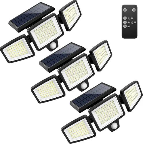 Vista 10 de Tuffenough - Luces solares para exteriores, 2500 lm, 210 luces LED de seguridad con control remoto, 3 cabezales de luces con sensor de movimiento