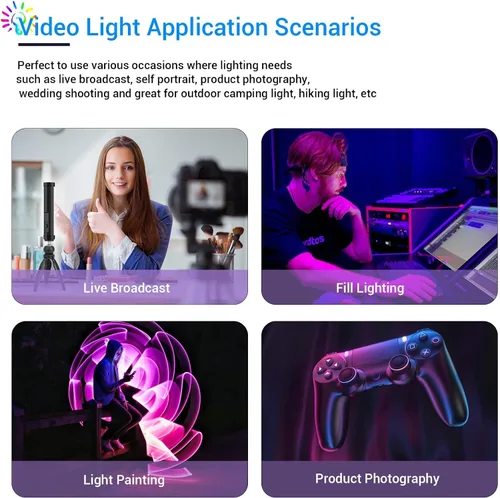 Vista 9 de LUXCEO Varita de luz LED RGB multicolor – Mini luz recargable de 2000 mAh para grabación de video, luces de tubo profesional con base magnética