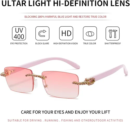 Vista 5 de KAMMPT Gafas de sol vintage sin montura para mujeres y hombres, lentes rectangulares de metal dorado con diamantes sin marco