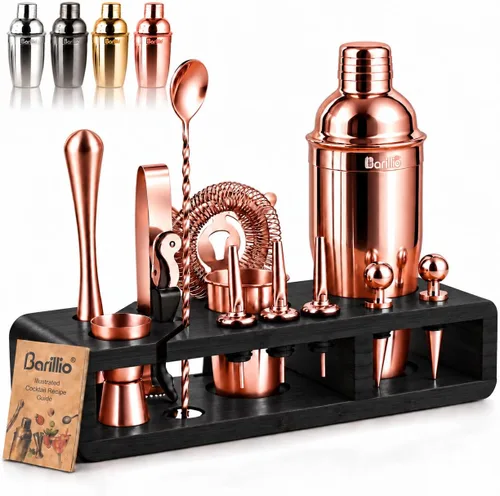 Vista 13 de Barillio Black Bartender Kit – Juego de coctelera de acero inoxidable con soporte de bambú – Herramientas de barra de mixología con coctelera