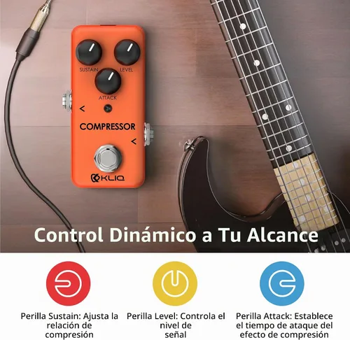 Vista 4 de KLIQ - Pedal de efecto de compresor pequeño para guitarra y bajo Compresor (naranja)