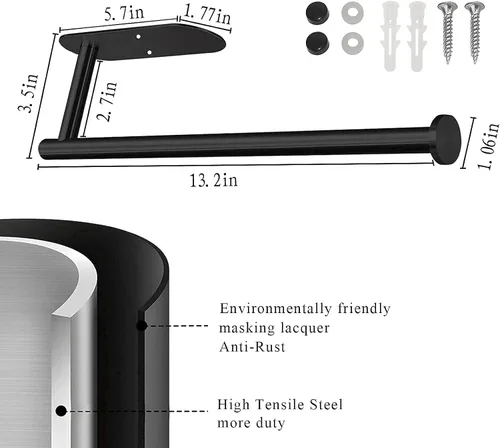 Vista 3 de Toallero de papel para debajo del gabinete, soporte autoadhesivo para toallas de papel negro mate para encimera de baño, organizador horizontal