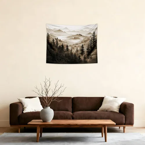 Vista 28 de QGHOT Tapiz de bosque brumoso, tapiz de montaña natural para colgar en la pared, paisaje de acuarela verde salvia, arte de pared para dormitorio