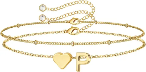 Vista 27 de M MOOHAM Pulseras de oro con inicial de corazón para mujer, pulseras con dije de letra A-Z de corazón dorado en capas para mujer, pulseras