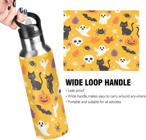 Vista 4 de Cute Halloween Orange Stainless Steel Vacuum Insulated Water Bottle 20 Oz, BPA-Free Sport Water Bottle Insulated Leakproof Water Bottles