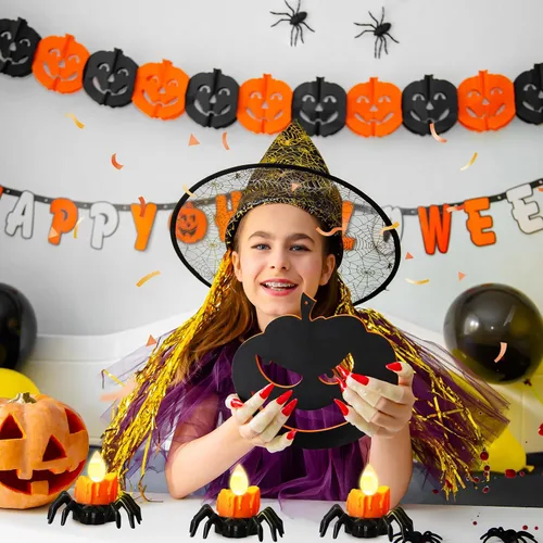Vista 6 de YBB 12 velas de té de araña de Halloween, novedosas velas LED sin llama, funciona con pilas, lámparas de té naranja para fiesta de Halloween, mesa