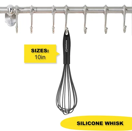 Vista 2 de NileHome Batidor de silicona de 10 pulgadas, batidor de cocina Wisk Wire para cocinar, batir, mezclar, batir, agitar, color negro