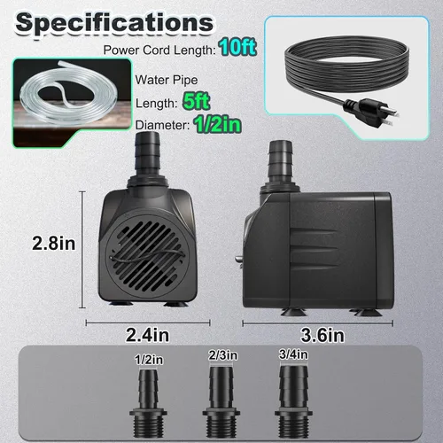 Vista 5 de SongLong Bomba de agua ultra silenciosa de 25 W 400 GPH de 10 pies con tubo, protección contra sobrecalentamiento, perfecta para fuentes pequeñas