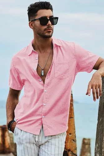Vista 5 de JMIERR Camisas de vestir a rayas de algodón con botones y manga corta para hombre