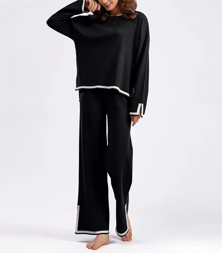 Vista 2 de VELISDE Conjunto de 2 piezas de suéter para mujer, conjunto de punto de manga larga, sin botones, pantalones de pierna ancha