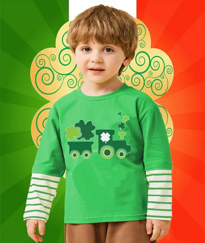 Vista 2 de Camiseta del Día de San Patricio para niños y niñas, camiseta irlandesa con diseño de camión de dinosaurio, trébol irlandés, camisetas de manga