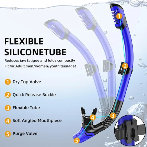Vista 4 de Snorkeling Gear for Adults, Dry Snorkel Set 180° Panoramic Wide View Anti-Fog Scuba Diving Mask, Professional Snorkel Gear for Free Breathing