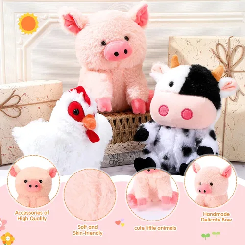 Vista 3 de Skylety Juego de 5 animales de peluche de granja de 10 pulgadas, animales de peluche de granja suave, cerdo gallo, caballo, oveja, vaca, juguete