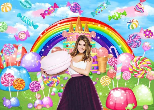 Vista 3 de Mocsicka Telón de fondo de dulce candyland con temática de caramelo dulce para decoración de fiesta de cumpleaños para niñas, caramelos, castillo