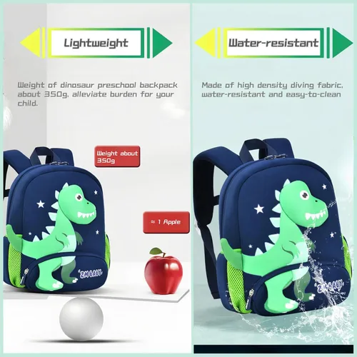 Vista 4 de Mochila de dinosaurio antipérdida para niños y niñas con correa de seguridad, B-azul+verde oscuro, Mochilas Daypack