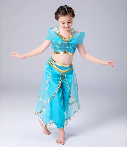 Vista 9 de TPMG Princess Jasmine Costume for Girls 3T-12Y, Dress Up Clothes Kids Halloween Play Dress with Wig Headband Party Outfits