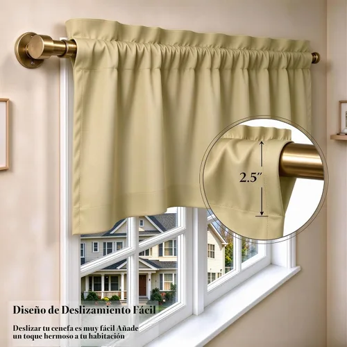 Vista 3 de Cenefa Beige Oscurecedora para Ventana, Cortina Corta con Bolsillo para Barra, Cenefa Primitiva para Sala de Estar, Baño, Guardería, Cocina, Ventana
