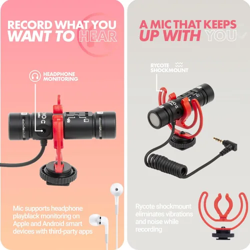 Vista 5 de Movo DoubleMic V2 Micrófono de escopeta de dos caras para vlogging de cámara - Micrófono externo de doble cápsula para iPhone, Android, teléfonos