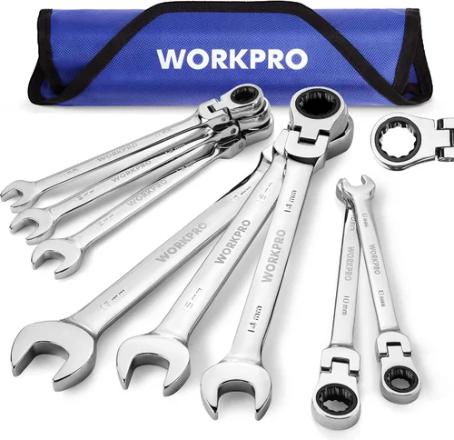 Vista 13 de WORKPRO Llave combinada de trinquete de 1/2 pulgada SAE, CR-V construida con cromado pulido espejo, diseño de 12 puntos, desplazamiento de 15 grados