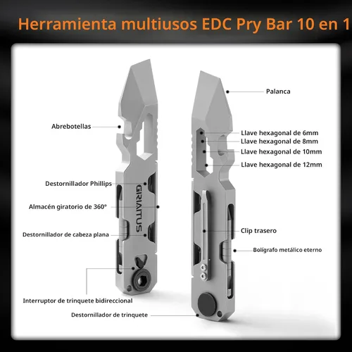 Vista 3 de Palanca EDC Multiherramienta con Destornillador de Trinquete Bidireccional y Bolígrafo Duradero, Llaves Inglesas, Palanca, Abrebotellas y Abrecajas