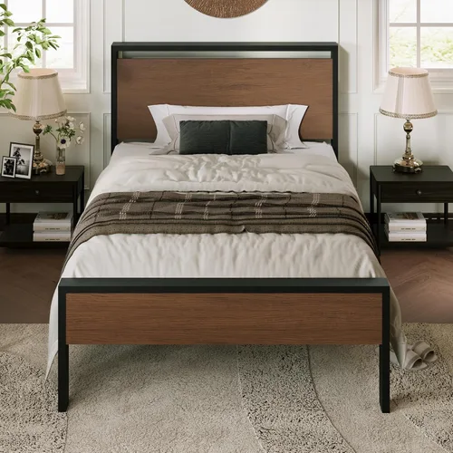 Vista 12 de Base de cama Allewie de tamaño individual con cabecero y pie de cama de madera, soporte de listones de metal resistentes, no requiere somier