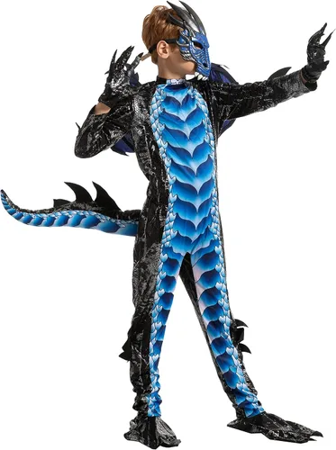 Vista 3 de Spooktacular Creations Disfraz de dragón negro y azul para niños alas de dragón y máscara para fiestas de Halloween cosplay